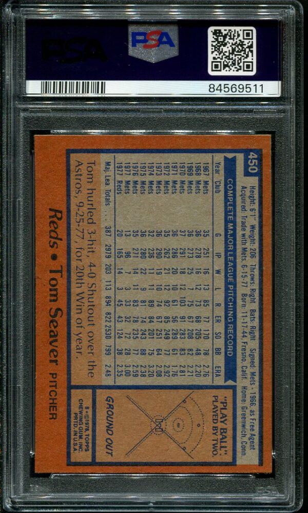 Authentic 1978 Topps #450 Tom Seaver PSA 9 Baseball Card