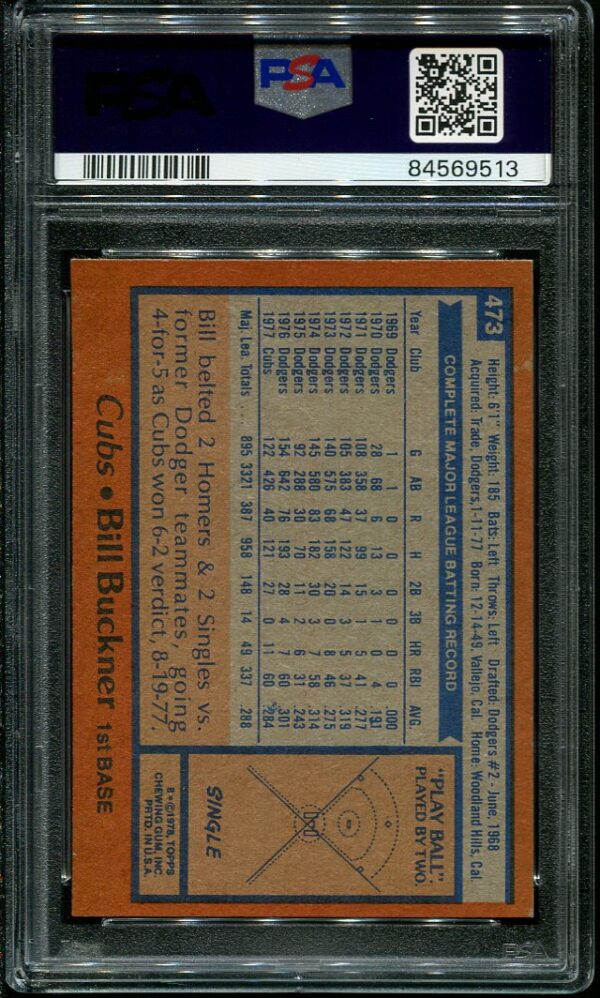 Authentic 1978 Topps #473 Bill Buckner PSA 8 Baseball Card