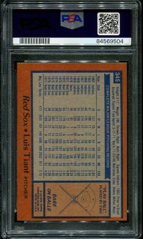 Authentic 1978 Topps #345 Luis Tiant PSA 9 Baseball Card