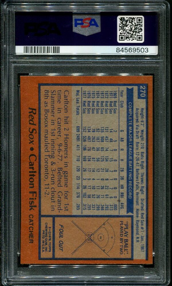 Authentic 1978 Topps #270 Carlton Fisk PSA 10 Baseball Card