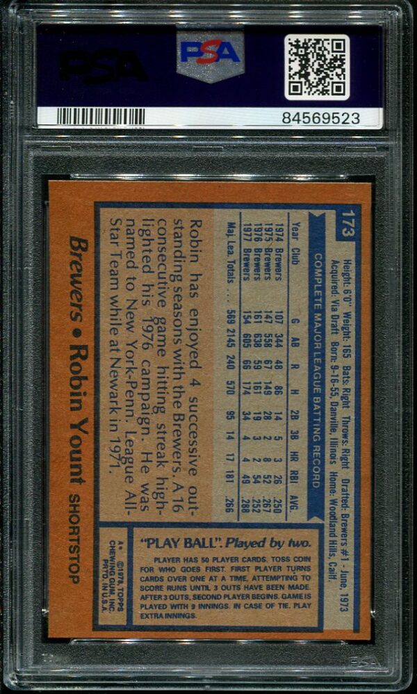 Authentic 1978 Topps #173 Robin Yount PSA 9 Baseball Card
