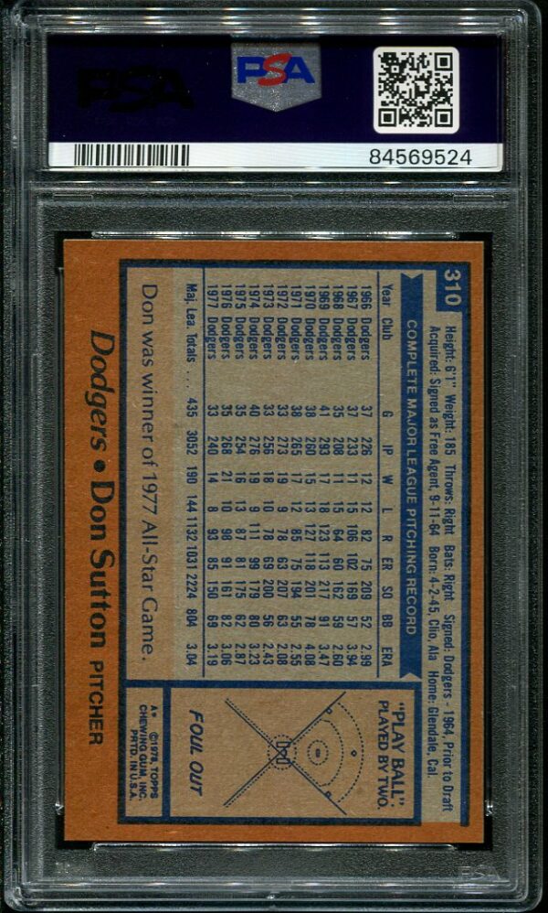 Authentic 1978 Topps #310 Don Sutton PSA 9 Baseball Card