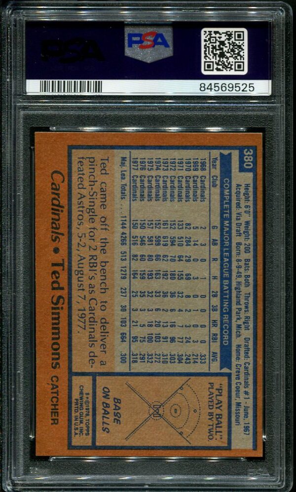 Authentic 1978 Topps #380 Ted Simmons PSA 8 Baseball Card