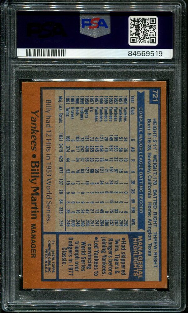 Authentic 1978 Topps #721 Billy Martin PSA 9 Baseball Card