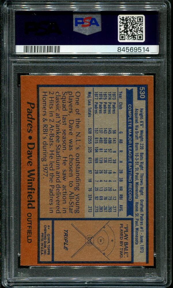 Authentic 1978 Topps #530 Dave Winfield PSA 8 Baseball Card