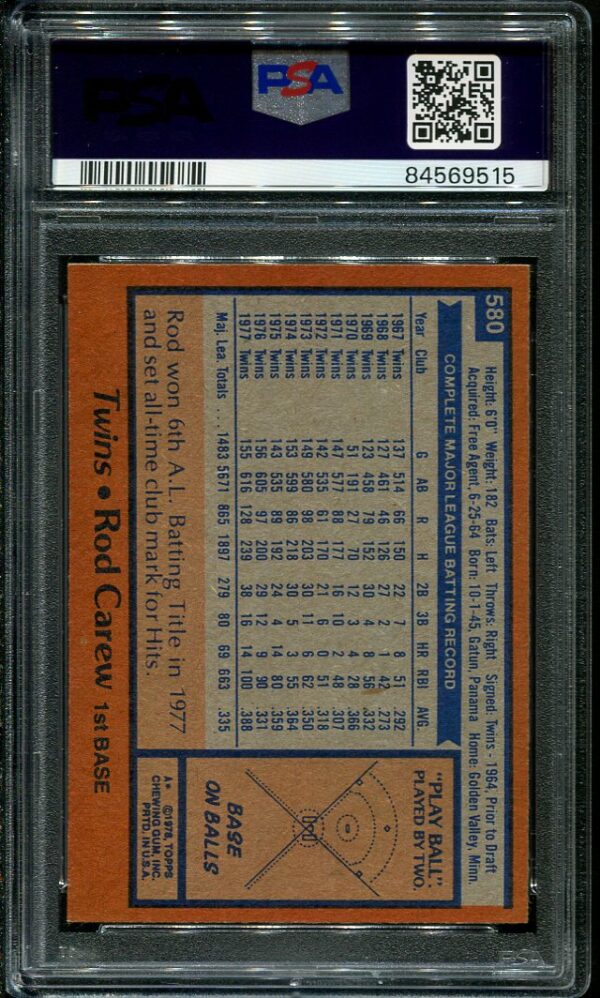 Authentic 1978 Topps #580 Rod Carew PSA 9 Baseball Card