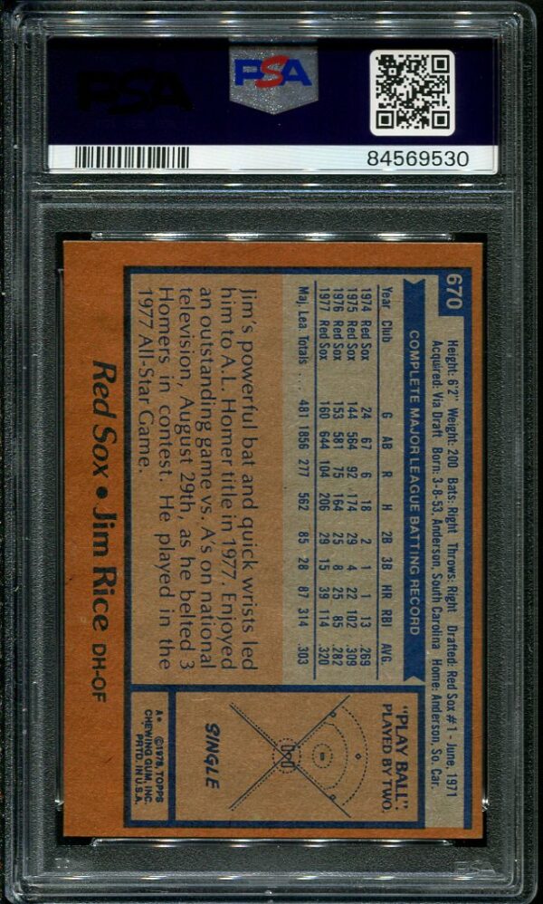 Authentic 1978 Topps #670 Jim Rice PSA 8 Baseball Card