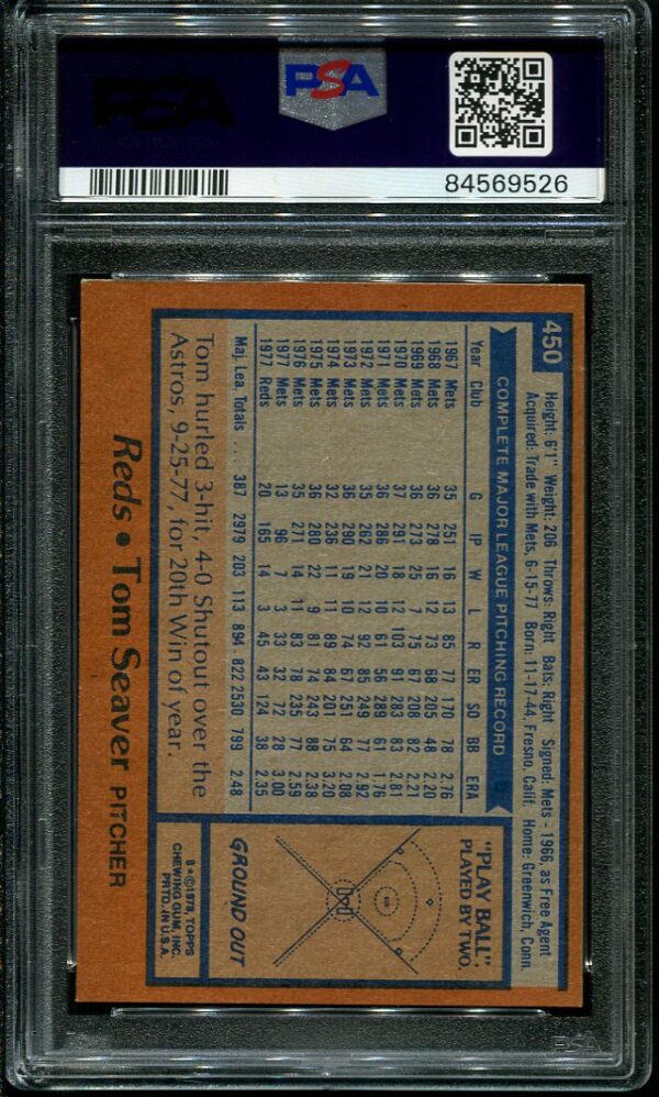 Authentic 1978 Topps #450 Tom Seaver PSA 8 Baseball Card
