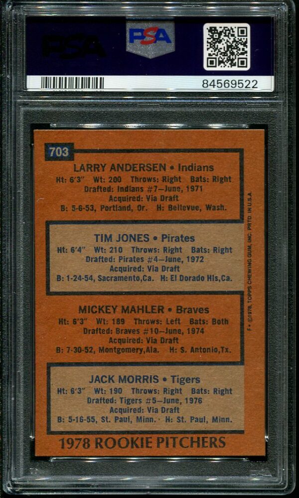 Authentic 1978 Topps #703 Jack Morris PSA 9 Rookie Baseball Card