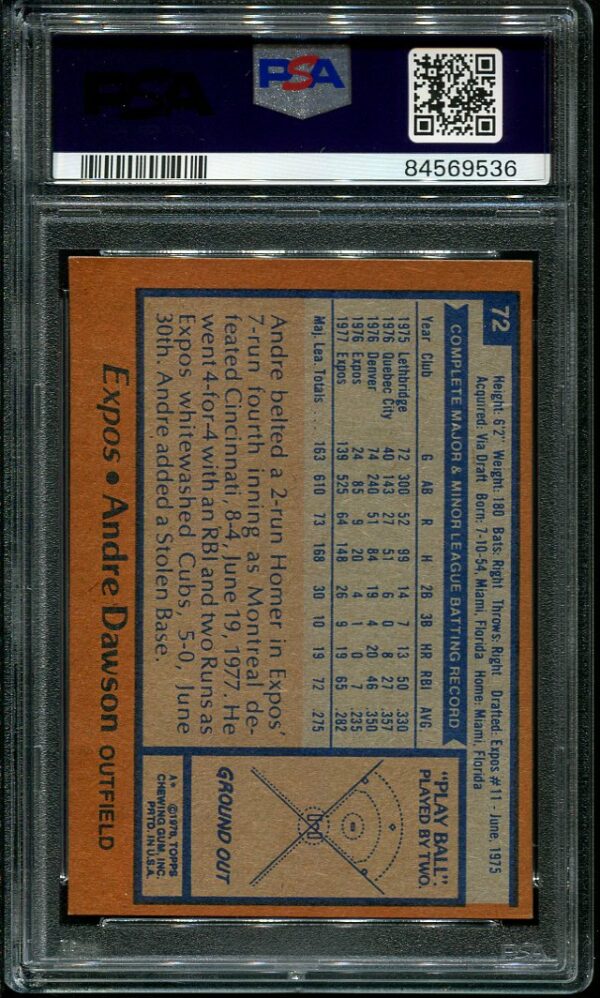 Authentic 1978 Topps #72 Andre Dawson PSA 9 Baseball Card