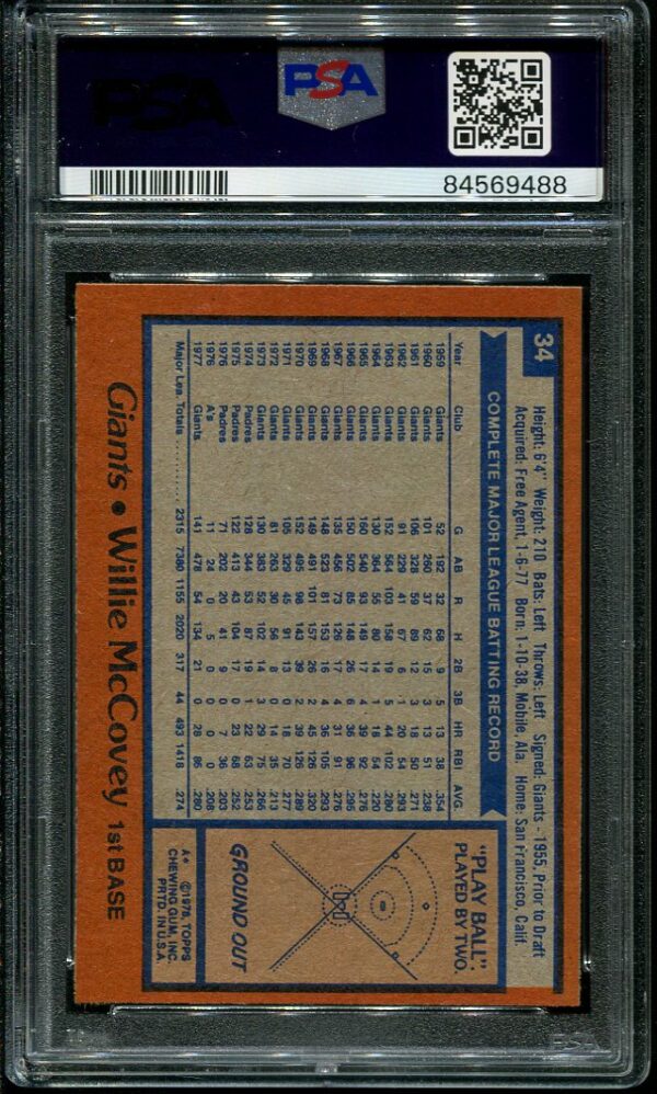 Authentic 1978 Topps #34 Willie McCovey PSA 8 Baseball Card