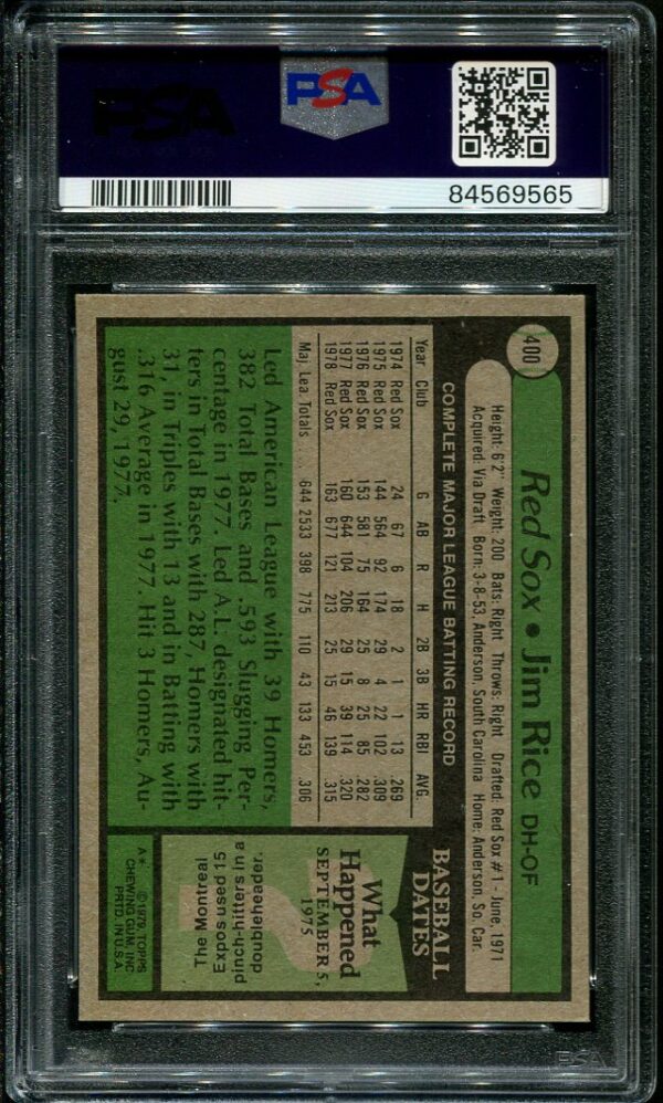 Authentic 1979 Topps #400 Jim Rice PSA 9 Baseball Card