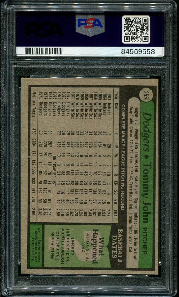 Authentic 1979 Topps #255 Tommy John PSA 9 Baseball Card