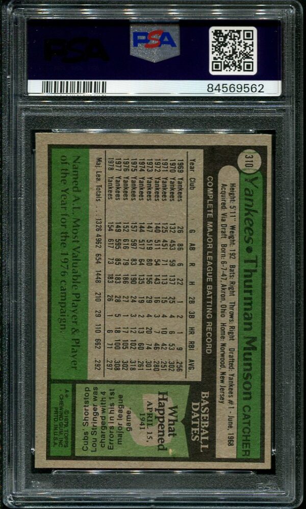 Authentic 1979 Topps #310 Thurman Munson PSA 8 Baseball Card