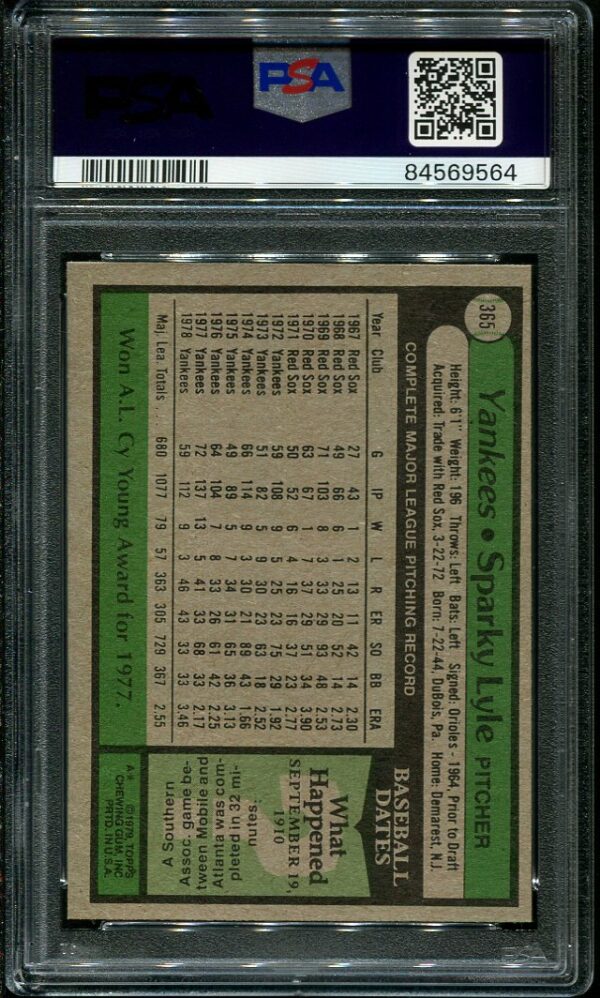 Authentic 1979 Topps #365 Sparky Lyle PSA 9 Baseball Card