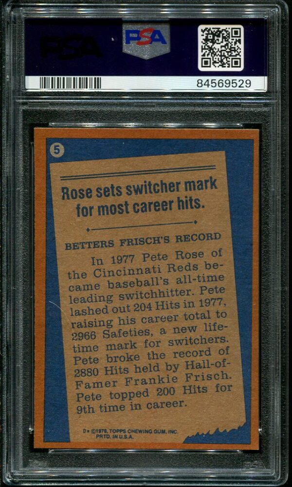 Authentic 1978 Topps #5 Pete Rose PSA 9 Baseball Card