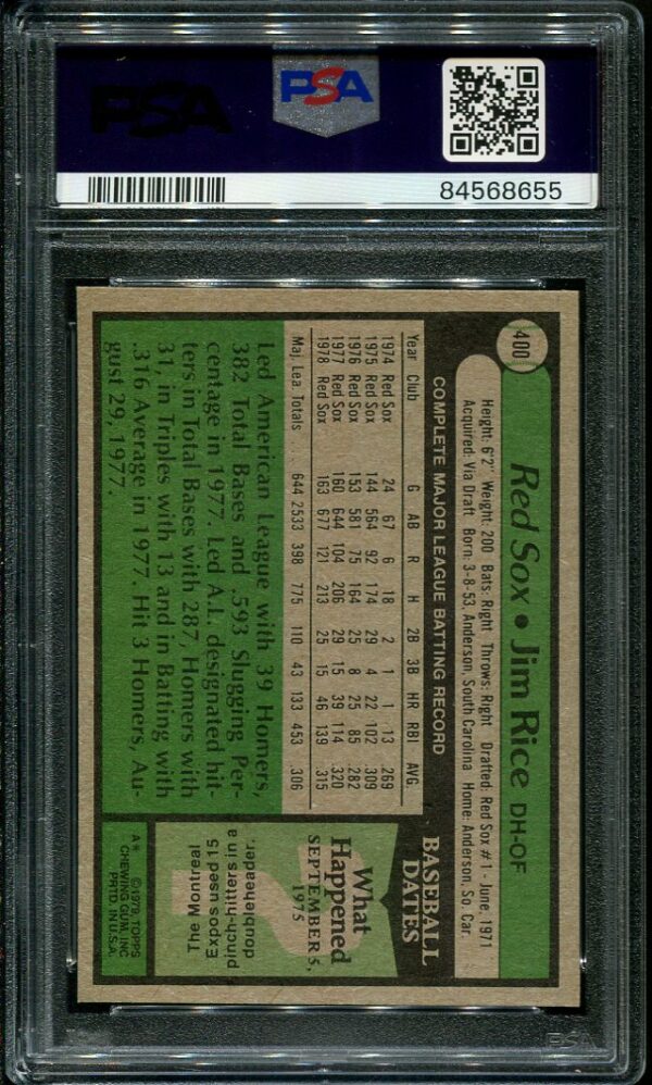 Authentic 1979 Topps #400 Jim Rice PSA 8 Baseball Card