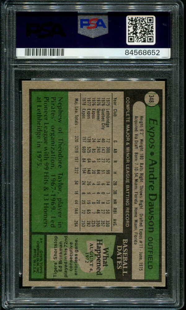 Authentic 1979 Topps #348 Andre Dawson PSA 8 Baseball Card