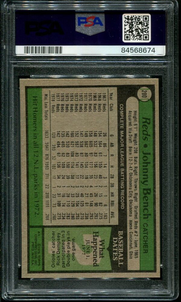 Authentic 1979 Topps #200 Johnny Bench PSA 9 Baseball Card