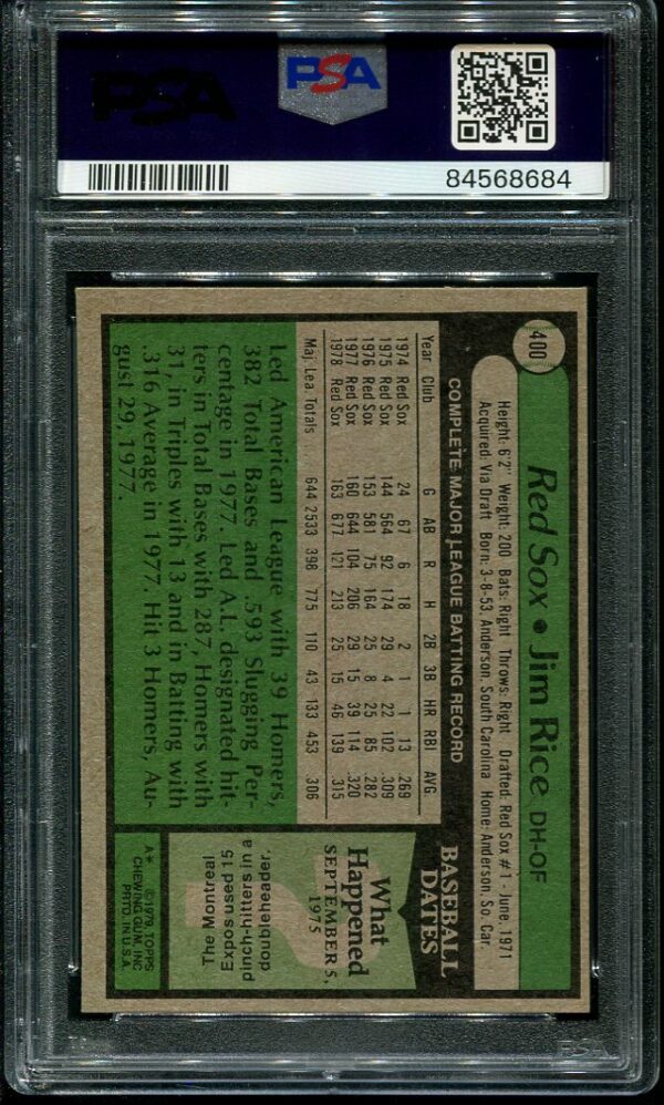 Authentic 1979 Topps #400 Jim Rice PSA 8 Baseball Card
