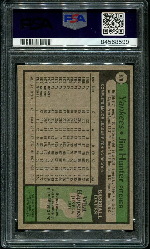 Authentic 1979 Topps #670 Jim Hunter PSA 9 Baseball Card