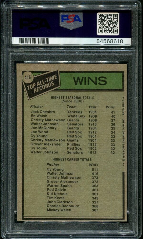 Authentic 1979 Topps #416 All-Time Wins Leaders PSA 9 Baseball Card