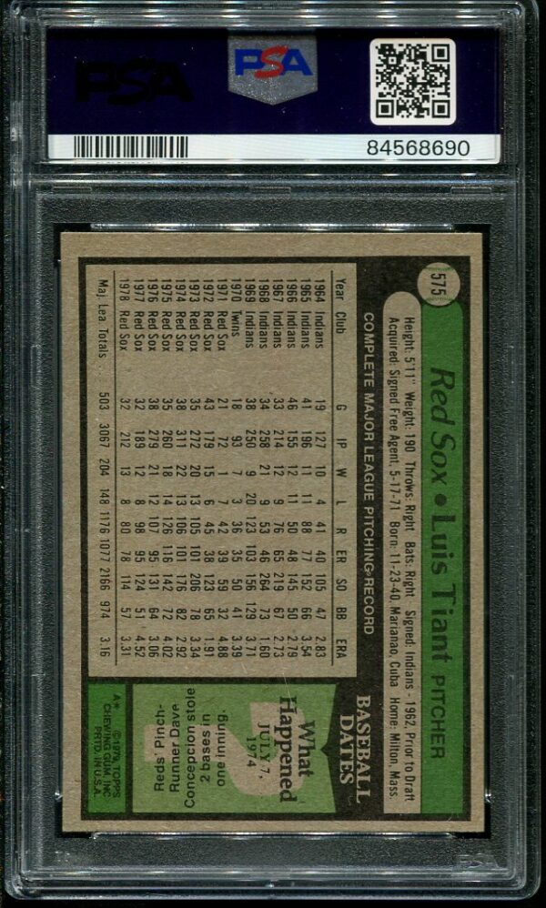 Authentic 1979 Topps #575 Luis Tiant PSA 9 Baseball Card