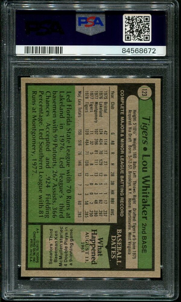 Authentic 1979 Topps #123 Lou Whitaker PSA 8 Baseball Card