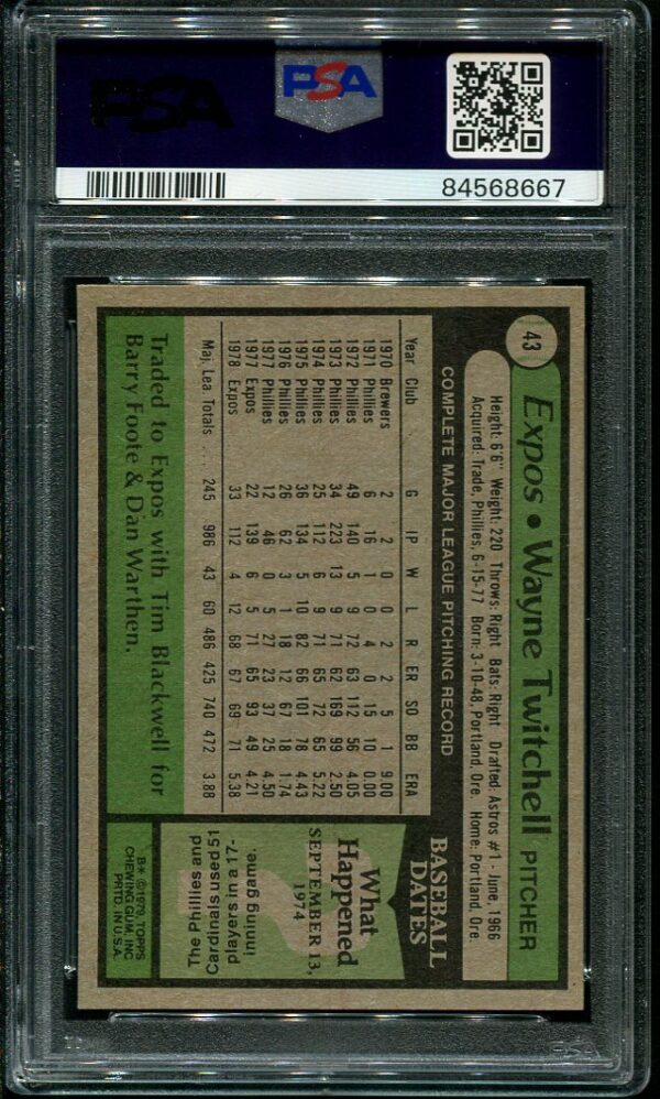 Authentic 1979 Topps #43 Wayne Twitchell PSA 9 Baseball Card