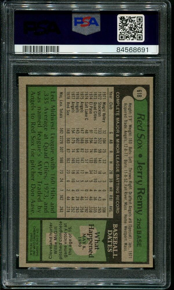 Authentic 1979 Topps #618 Jerry Remy PSA 8 Baseball Card