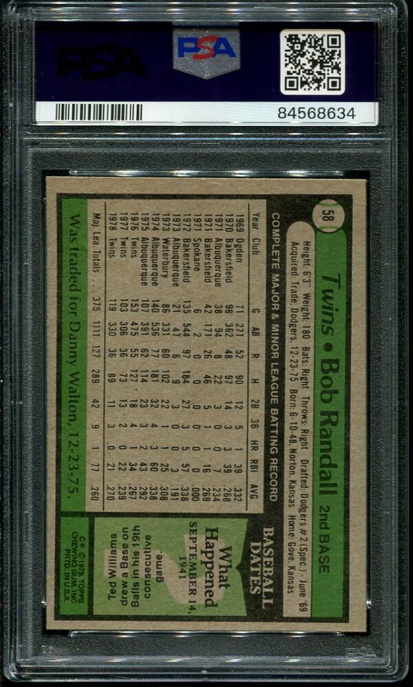 Authentic 1979 Topps #58 Bob Randall PSA 9 Baseball Card