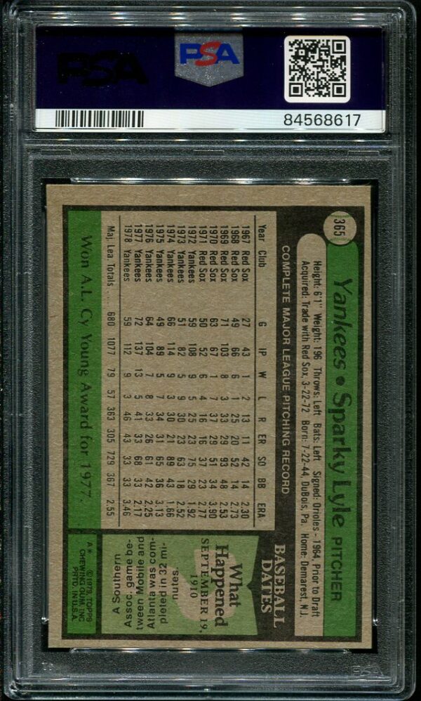 Authentic 1979 Topps #365 Sparky Lyle PSA 9 Baseball Card