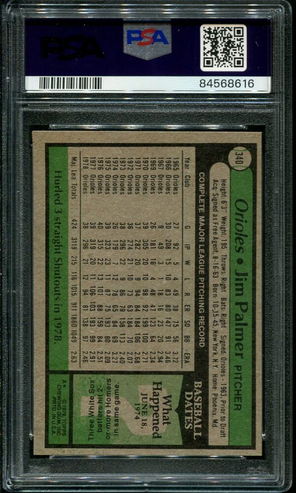 Authentic 1979 Topps #340 Jim Palmer PSA 9 Baseball Card