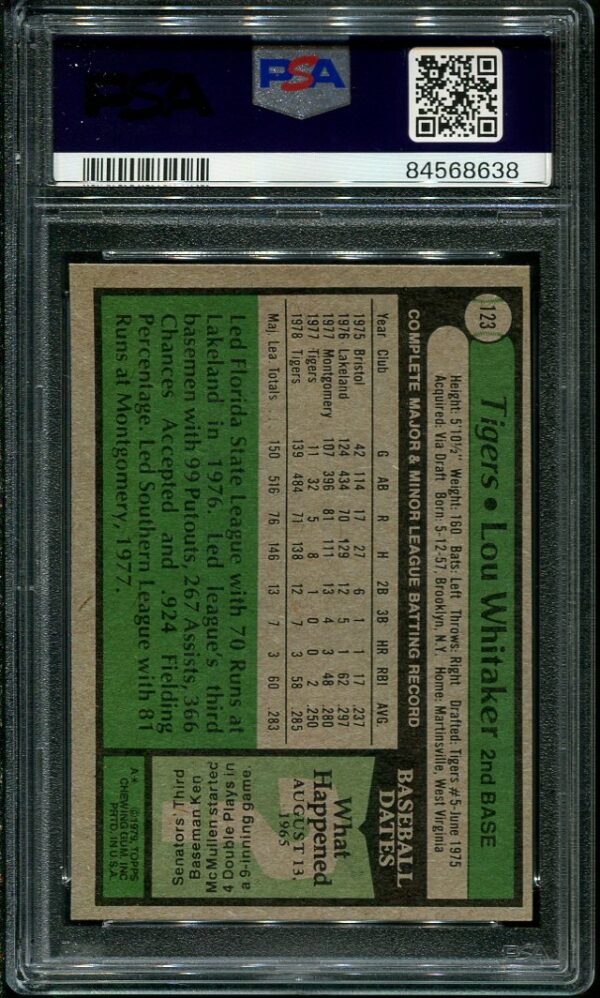 Authentic 1979 Topps #123 Lou Whitaker PSA 8 Baseball Card