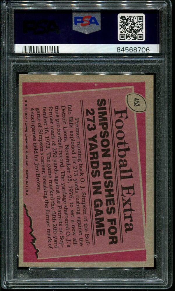 Authentic 1977 Topps #453 OJ Simpson PSA 9 Football Card