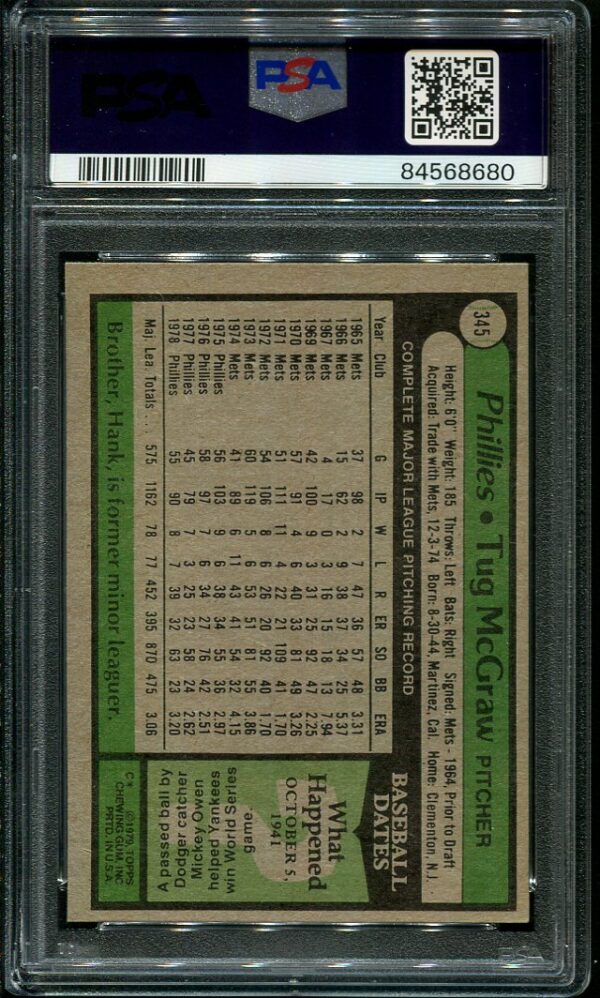 Authentic 1979 Topps #345 Tug McGraw PSA 9 Baseball Card