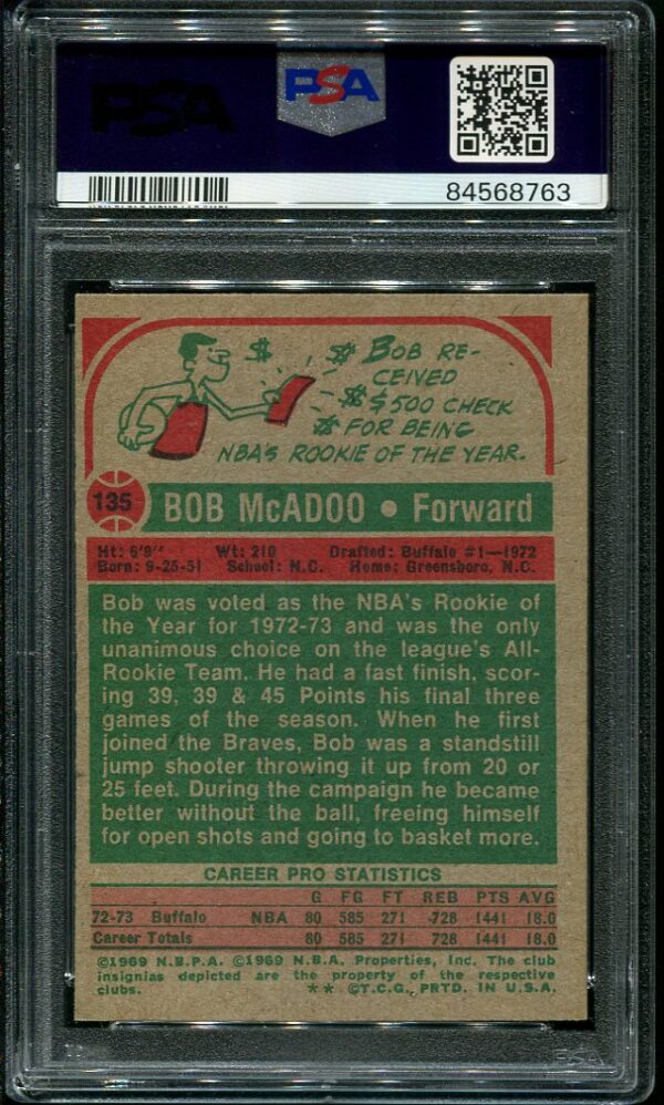 Authentic 1973 Topps #135 Bob McAdoo PSA 8 Rookie Basketball Card