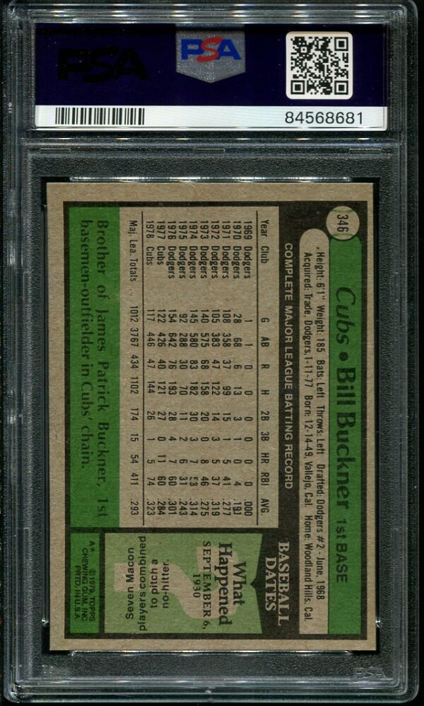 Authentic 1979 Topps #346 Bill Buckner PSA 9 Baseball Card