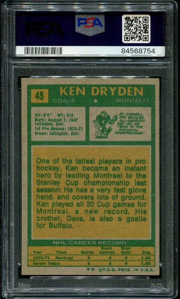 Authentic 1971 Topps #45 Ken Dryden PSA 7 Hockey Football Card