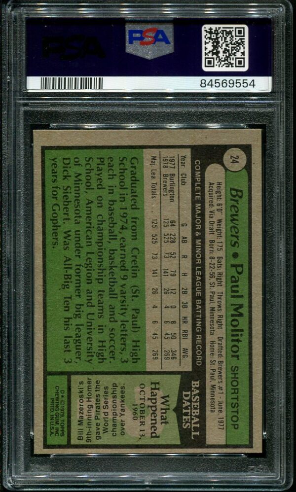 Authentic 1979 Topps #24 Paul Molitor PSA 9 Baseball Card