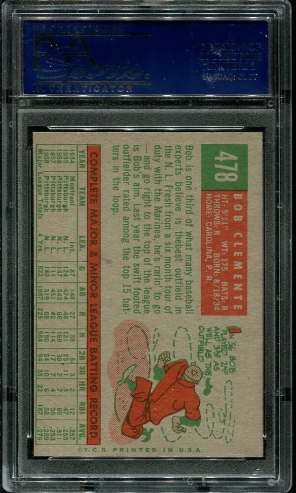 Authentic 1959 Topps #478 Roberto Clemente PSA 7 Baseball Card