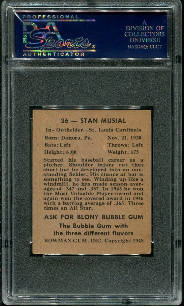 Authentic 1948 Bowman #36 Stan Musial PSA 3 Rookie Baseball Card