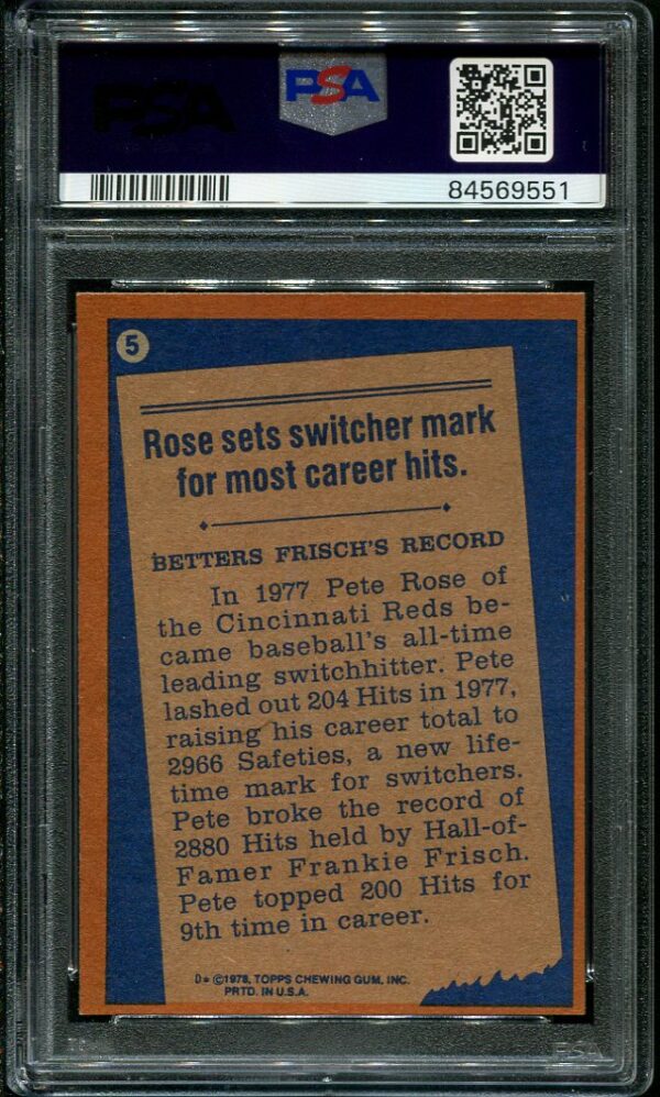 Authentic 1978 Topps #5 Pete Rose PSA 8 Baseball Card