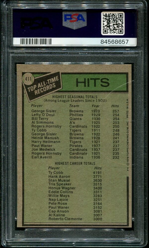 Authentic 1979 Topps #411 All-Time Hits Leaders Ty Cobb/George Sisler PSA 9 Baseball Card