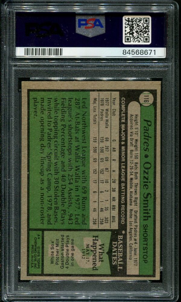 Authentic 1979 Topps #116 Ozzie Smith PSA 6 Rookie Baseball Card