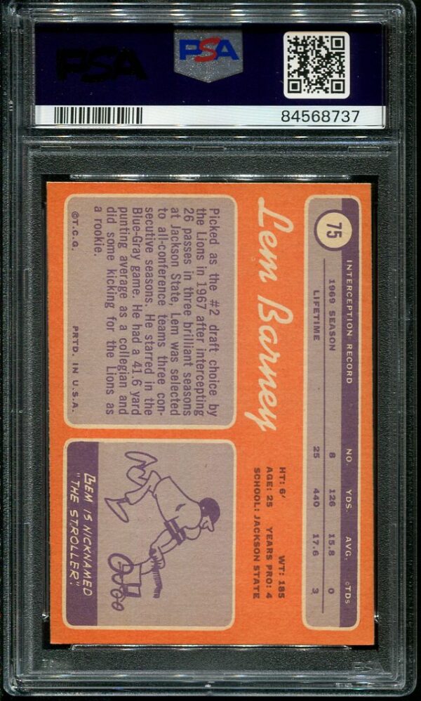 Authentic 1970 Topps #75 Lem Barney PSA 6 Rookie Football Card