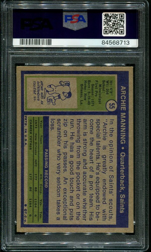 Authentic 1972 Topps #55 Archie Manning PSA 7 Rookie Football Card