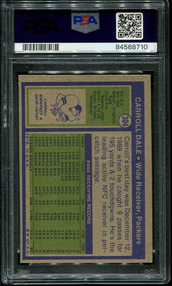 Authentic 1972 Topps #304 Carroll Dale PSA 6 Football Card