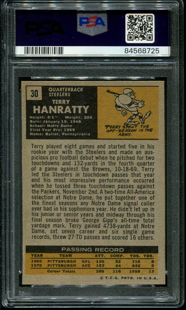 Authentic 1971 Topps #30 Terry Hanratty PSA 6 Football Card