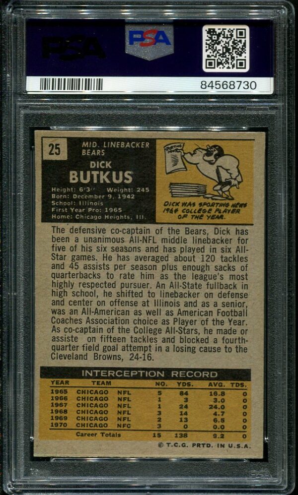 Authentic 1971 Topps #25 Dick Butkus PSA 6 Football Card